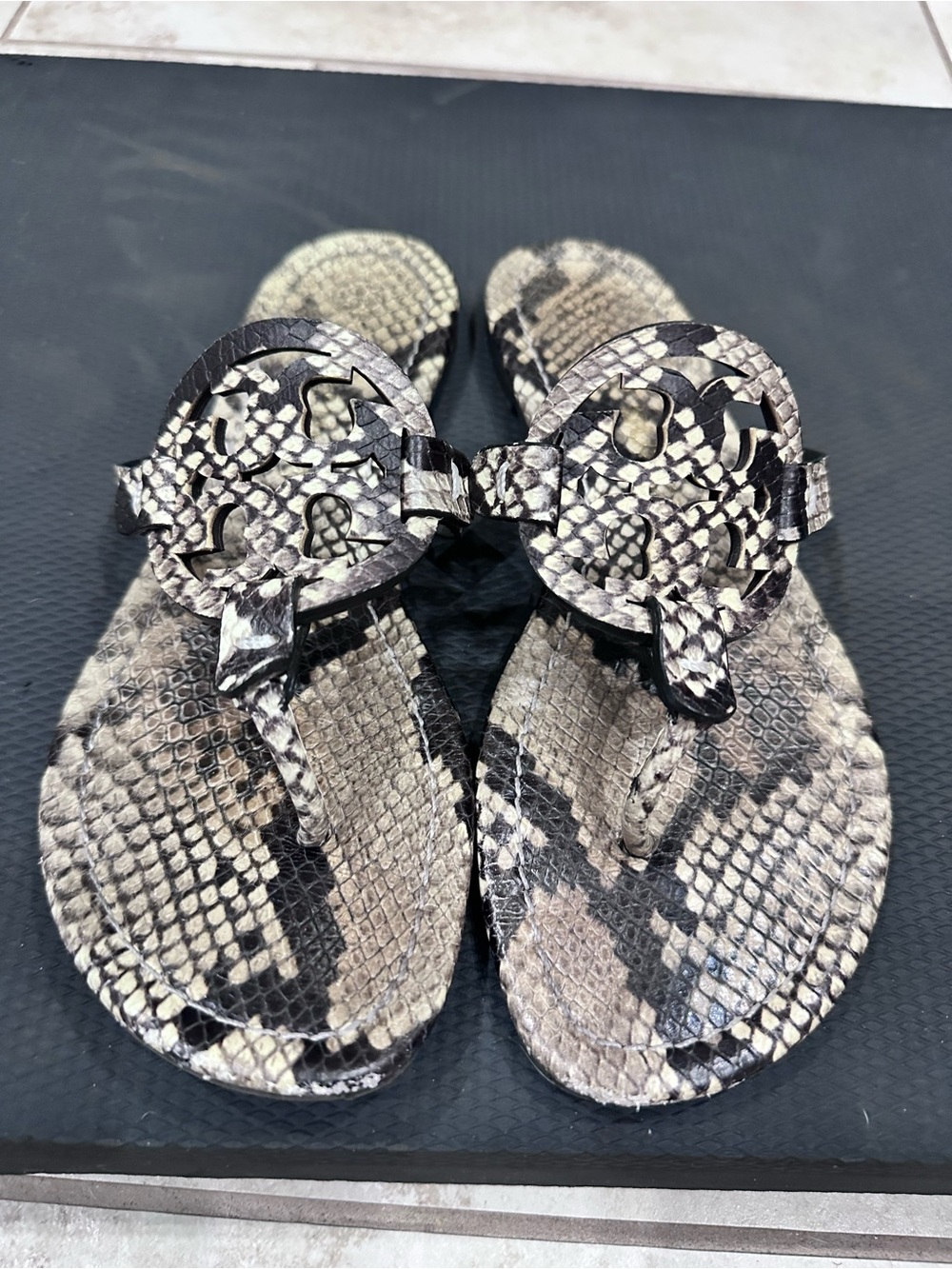 TORY BURCH Miller Snakeskin Print Leather Sandals - Neutral Tones Size 7